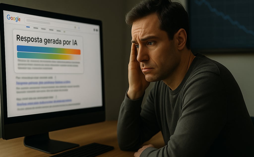 Homem preocupado sentado em frente a um computador moderno, observando resultados de busca do Google
