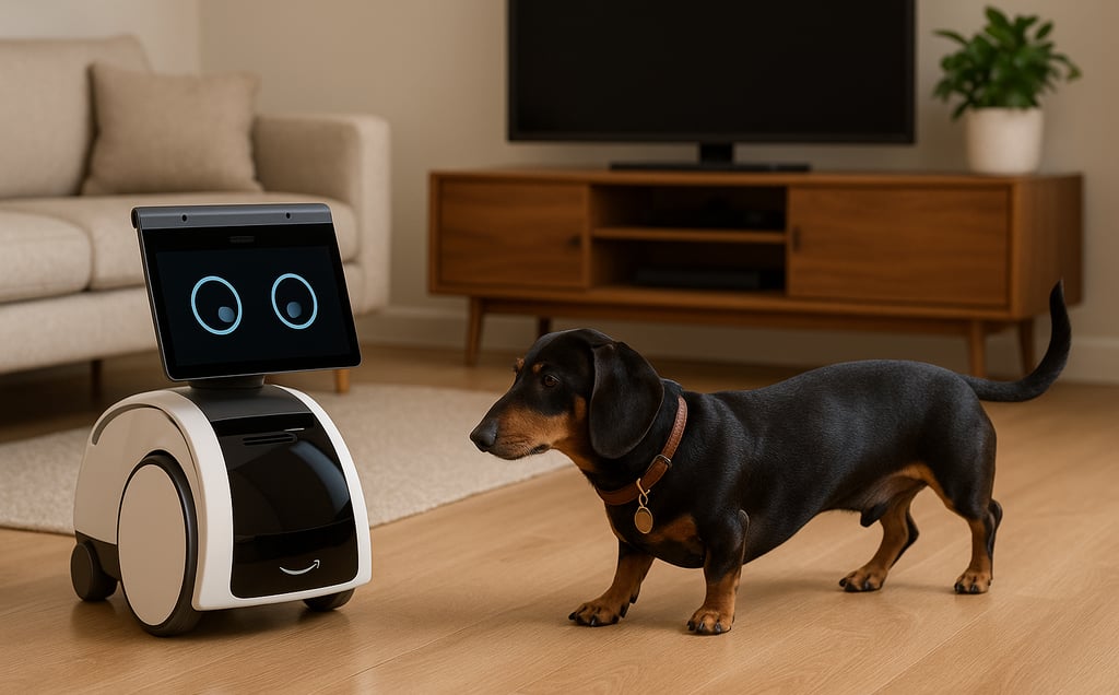 Robô doméstico avançado da Amazon, modelo Astro, em um ambiente de sala moderna, acompanhando um cac
