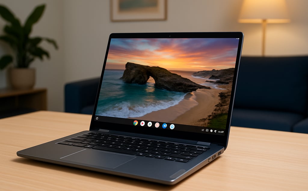 Notebook Lenovo Chromebook Plus 14 exibindo tela OLED vibrante, posicionado sobre mesa de madeira em