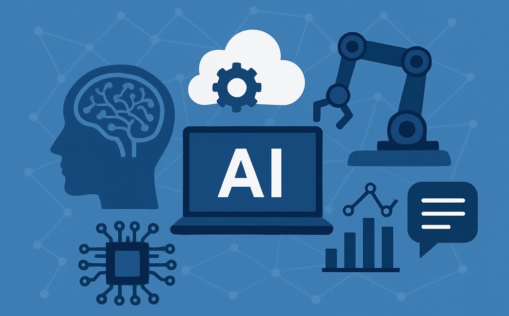 Ilustração digital em estilo flat representando o conceito de Inteligência Artificial. Mostra uma ca