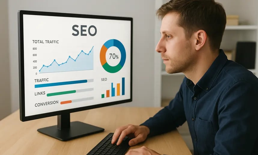 Profissional avaliando métricas de SEO em tela de computador.