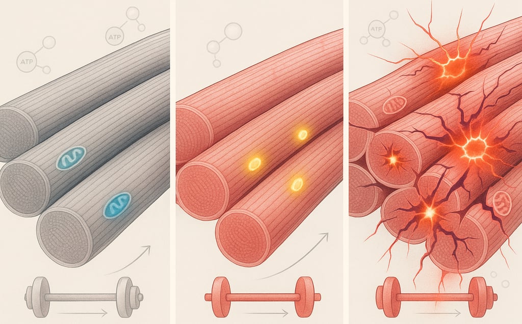 Representação visual de fibras musculares hipertrofiadas vs. não hipertrofiadas