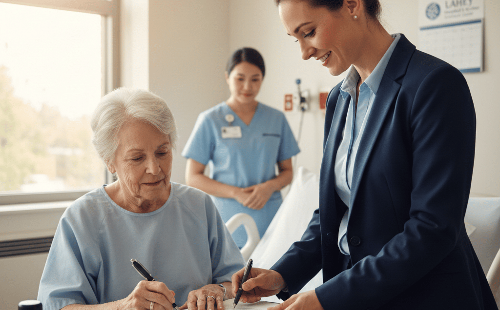 Mobile notary assisting a patient with bedside notarization at Lahey Hospital Burlington Massachuset