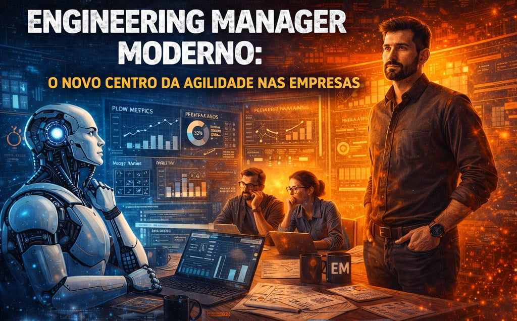 Engineering Manager liderando time ágil com apoio de IA e análise de métricas em ambiente de tecnolo