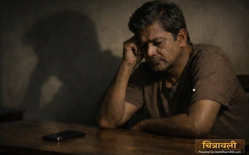 अंधेरे कमरे में अकेला बैठा एक भारतीय नागरिक, चेहरे पर चिंता और गहन सोच, सामने रखा शांत मोबाइल फोन सा