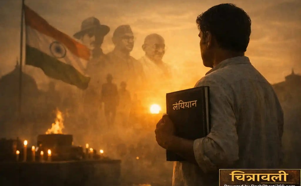 26 जनवरी पर भारत की आत्मा का भावनात्मक दृश्य, जहाँ एक सामान्य नागरिक संविधान, तिरंगे और शहीदों के बलिदान को स्मरण करता है।