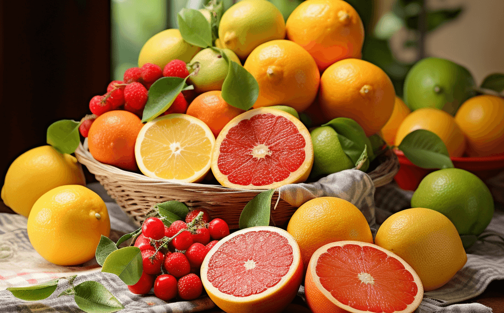 Food rich in Vitamin C like oranges, grapefruit, strawberries, kiwi fruit