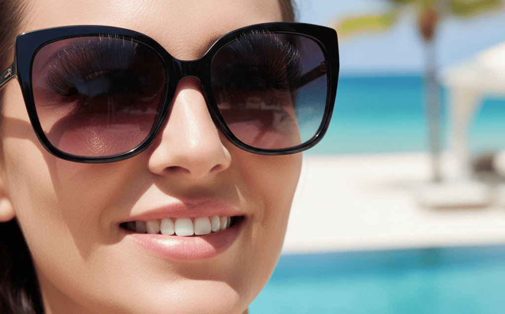 Mulher sorrindo na praia com cílios alongados e óculos de sol, desfrutando da viagem.