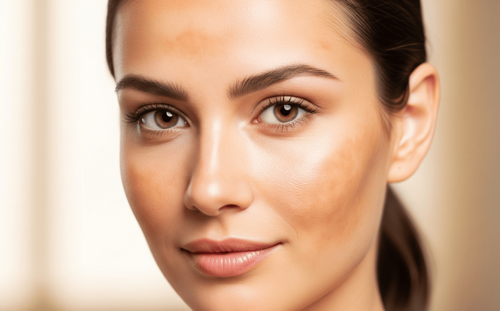 Pele feminina com melasma sendo cuidada, transmitindo saúde e confiança.