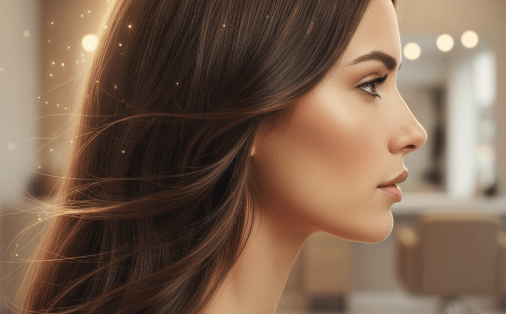Pessoa com cabelo saudável e brilhante, transmitindo confiança, após tratamento de tricologia no We Hall Beauty em Bauru.