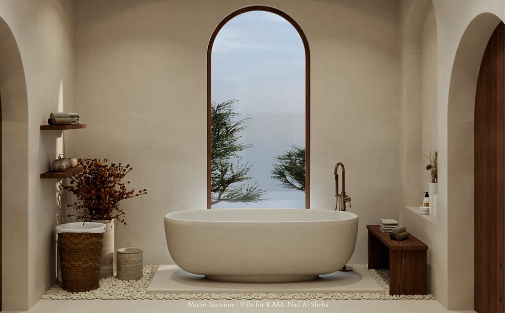 Minimalist luxury bathroom with freestanding tub, arched window, and natural textures.