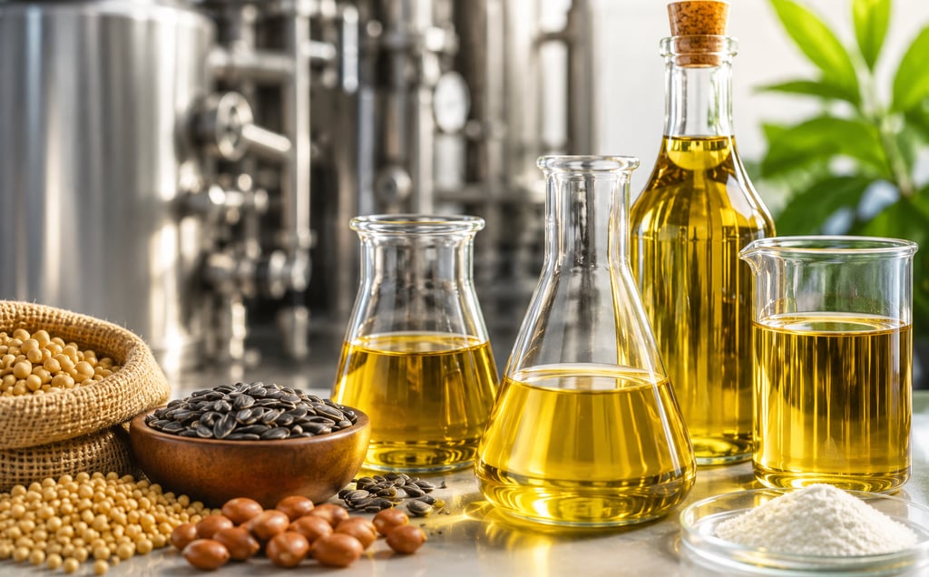 Golden vegetable oil in laboratory glassware next to raw soybeans and sunflower seeds.