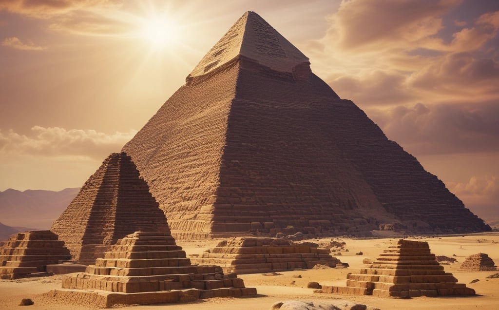 a group of people riding camels in front of a pyramid