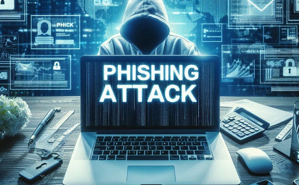 A laptop computer with a man wearing a hood.