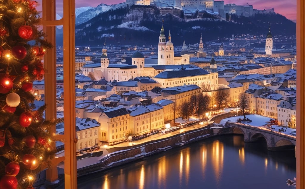 Christmas market with people and festive lights.