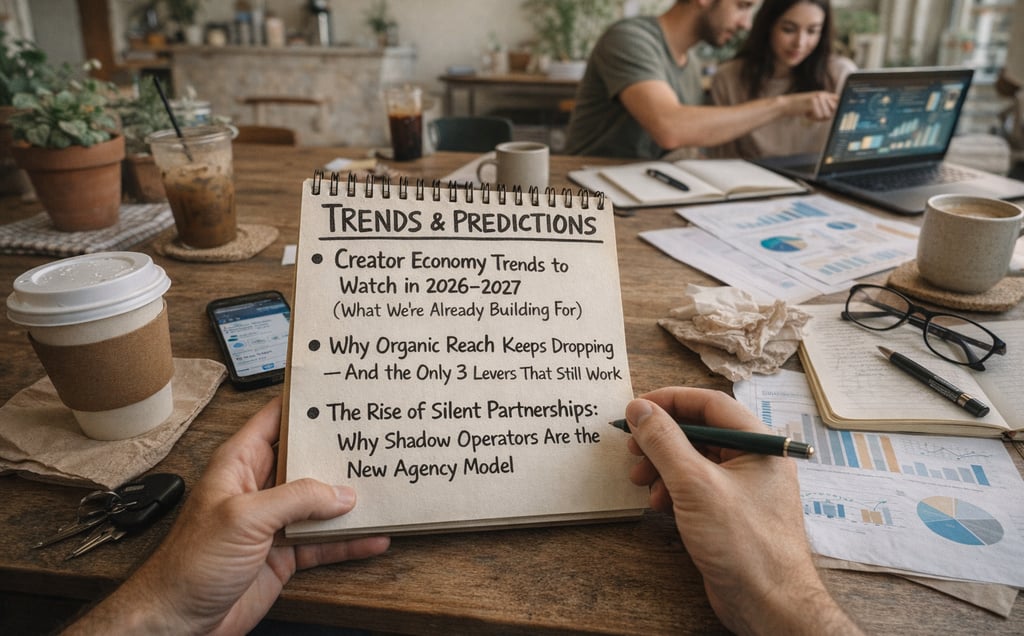 Handwritten notes on creator economy trends and organic reach strategies for a digital marketing agency.