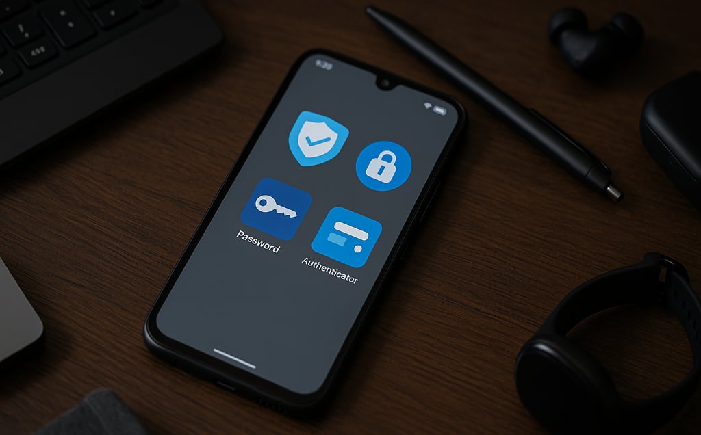 Smartphone moderno com tela exibindo aplicativos de segurança digital, posicionado sobre uma mesa de