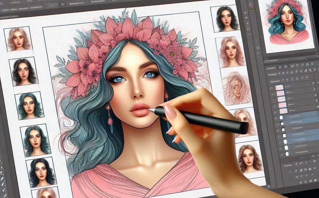 a woman's hand holding a pen and drawing a picture of a woman on a computer