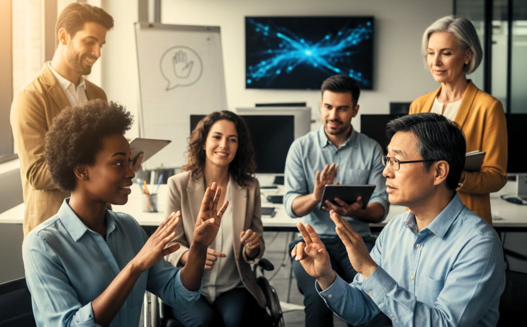 Alt= homens e mulheres de varias idades e etnia conversando em LIBRAS