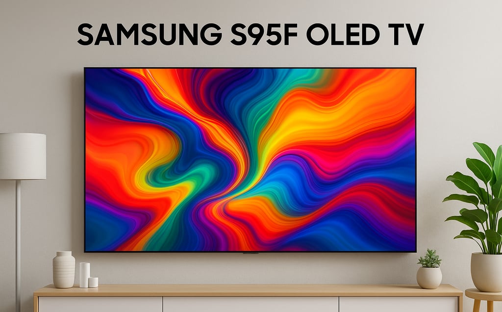 Samsung S95F OLED TV in modern home with vibrant display.