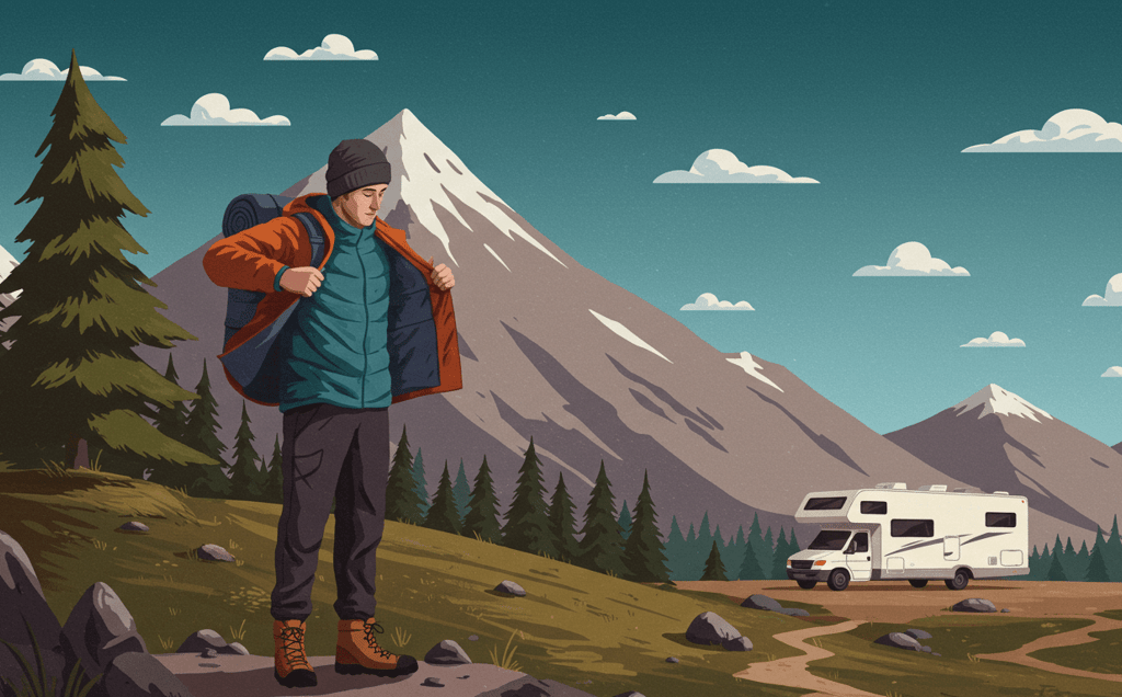 Hiker demonstrating a layering system outdoor using packable adventure wear during RV travel