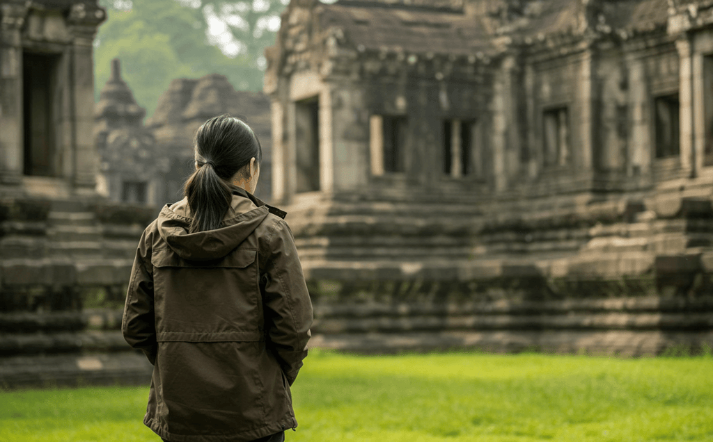 Woman traveler smiling in light rain wearing a versatile 3-in-1 travel jacket