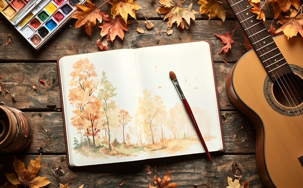 Flat lay of Copper Skye’s watercolor journal, guitar, and leaves on wooden desk in golden light.