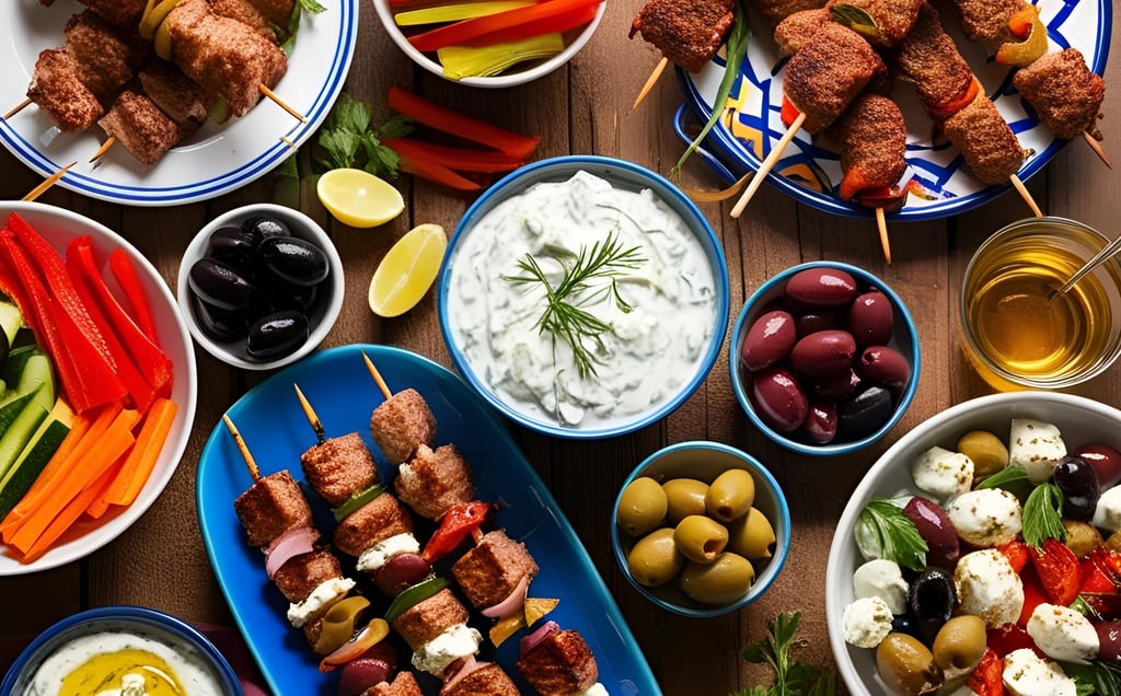 A colorful spread of traditional Greek dishes with souvlaki, tzatziki, olives, and fresh vegetables