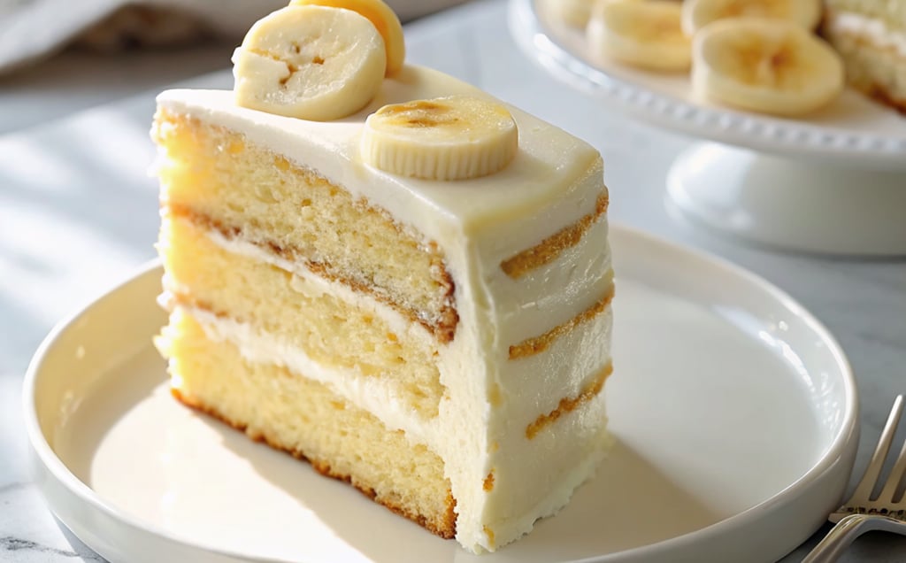 Banana cream cake topped with caramel drizzle and banana slices