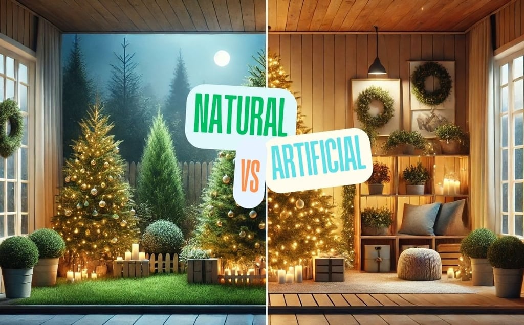a room with a natural christmas tree and an artificial christmas tree