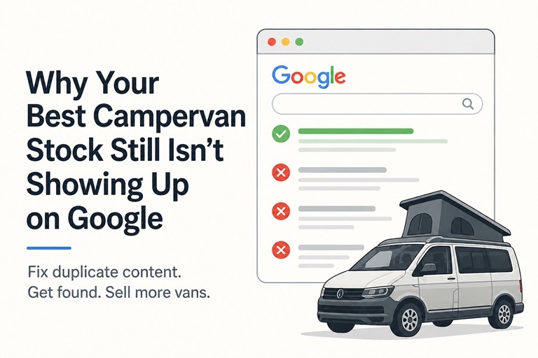 Campervan dealership SEO illustration showing duplicate content issues affecting Google rankings.