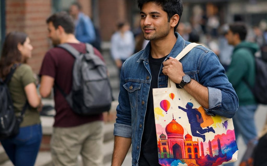 A young man wearing a denim jacket carries a colorful canvas tote bag with a Taj Mahal illustration.