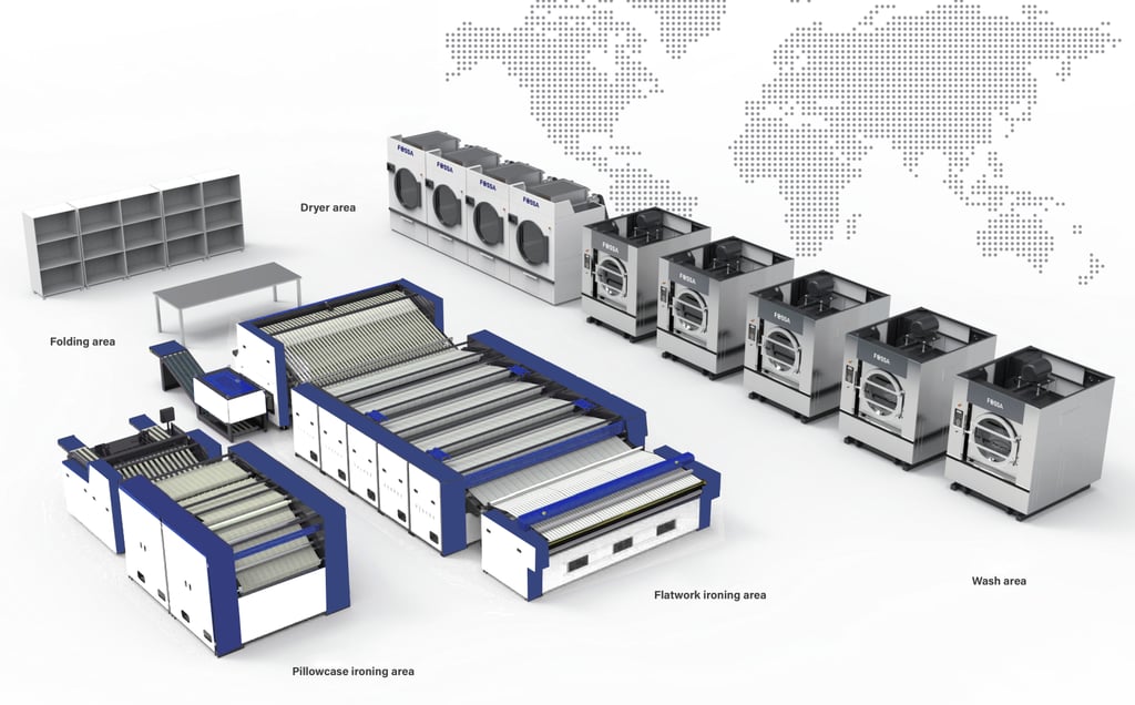 Industrial laundry equipment layout featuring commercial washers, dryers, and flatwork ironing machines.