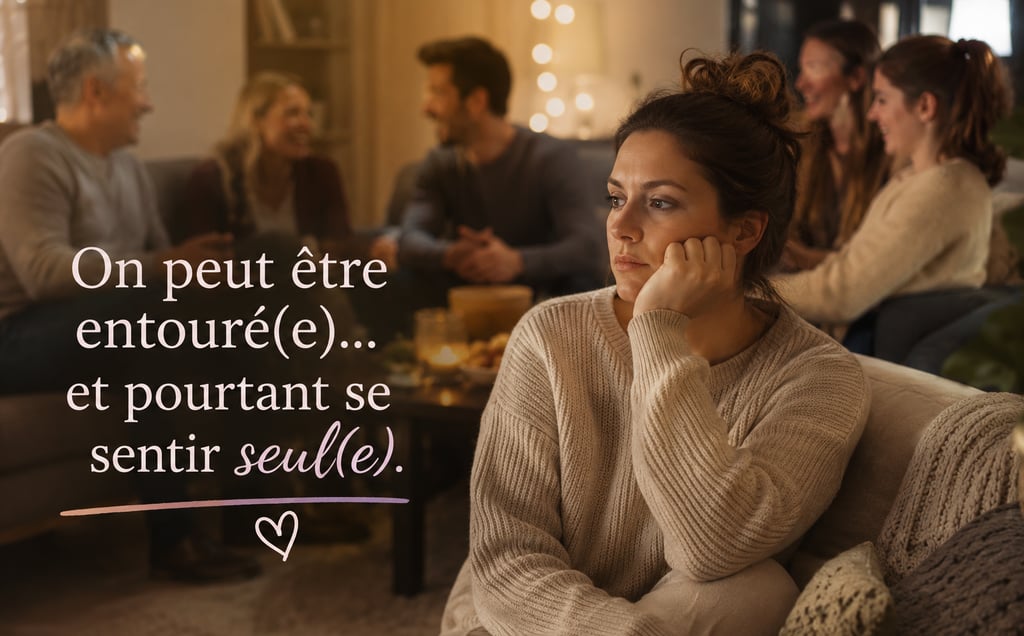 Femme assise parmi sa famille, présente physiquement mais semblant isolée dans ses pensées