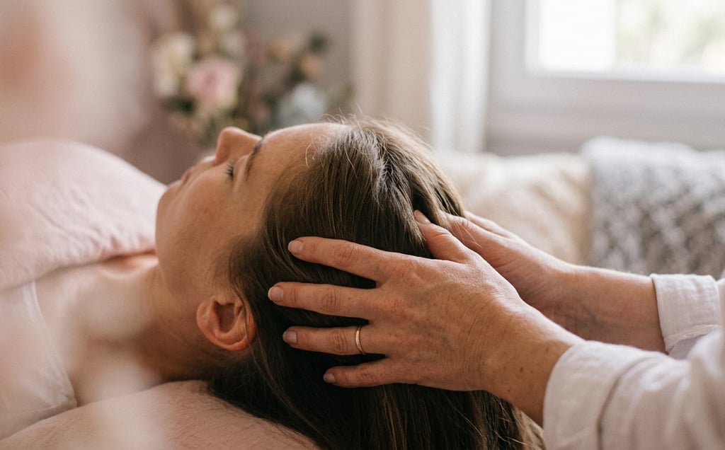 Personne recevant un Micro Massage Crânien® allongée confortablement sur une table de soin dans un c