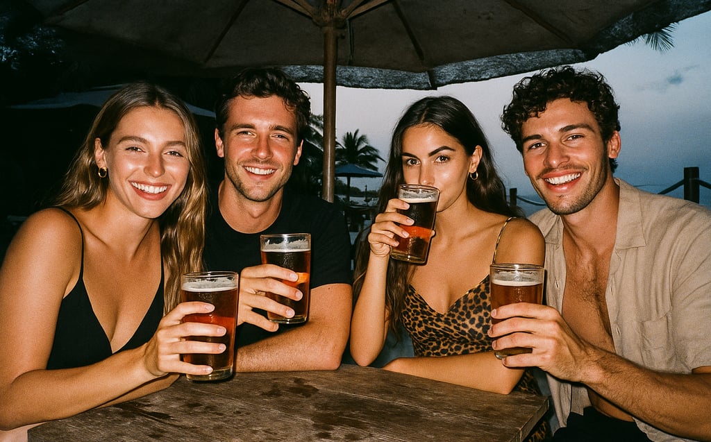 Deux couples d'amis partagent des bières pour la journée mondiale de la bière.