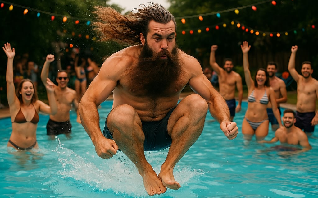 Un homme avec une barbe fait un saut dans une piscine avec des amis pour la journée de la barbe.