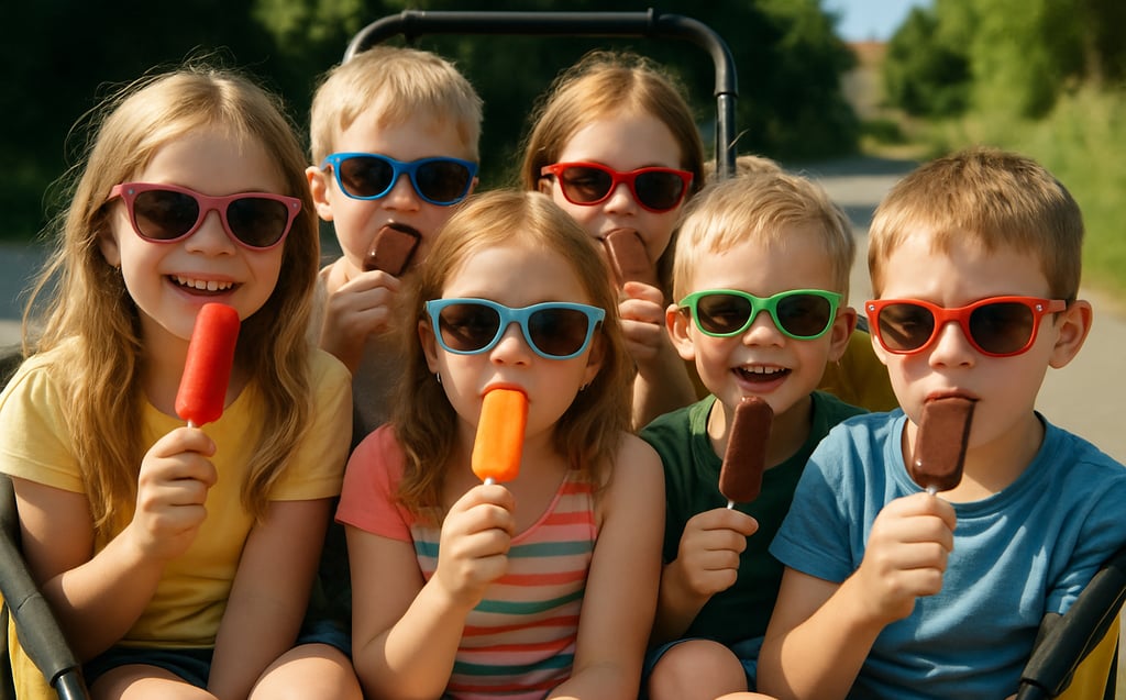 Des enfants en vacances dégustent une glace au soleil pour la journée internationale de la jeunesse.