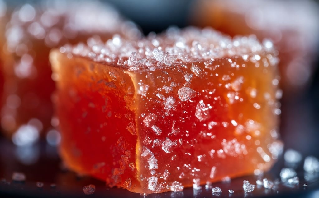 Primer plano con lupa sobre un cubo de papaya deshidratada roja mostrando cristales de azúcar pegados en la superficie