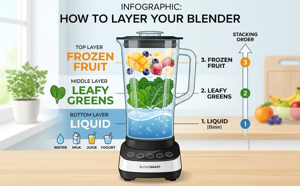 Ilustración de un vaso de batidora con líneas horizontales marcando las proporciones: Líquido, Hoja Verde, Fruta arriba