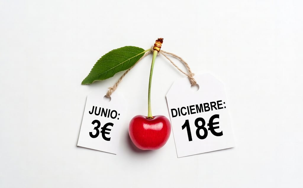 Dos etiquetas de precio comparativas: Cerezas de Verano (3,99€) vs Cerezas de Invierno (18,99€)