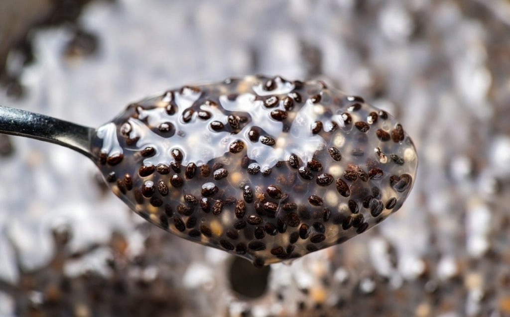 Primer plano mostrando la textura gelatinosa (mucílago) que sueltan las semillas de chía tras 10 minutos en agua