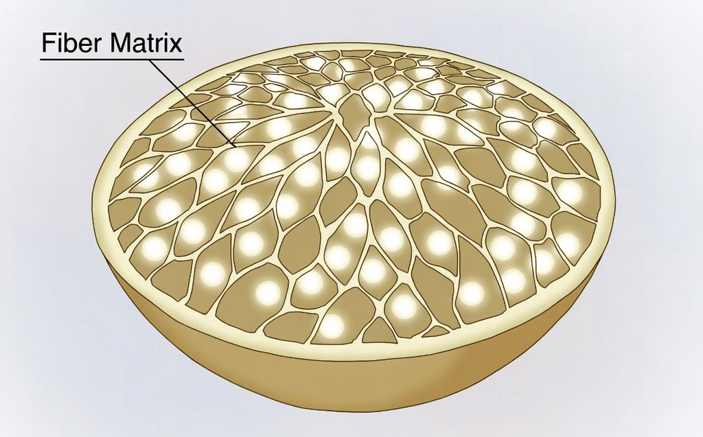 Ilustración microscópica simplificada mostrando cómo la fibra atrapa las moléculas de azúcar en una fruta entera