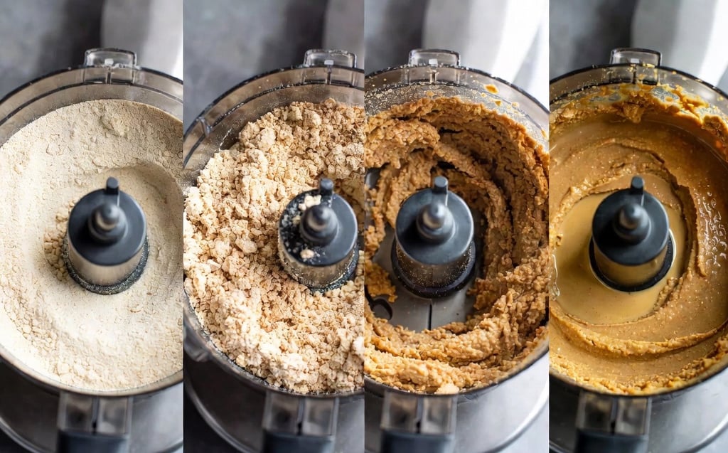 Collage de 4 fotos mostrando la evolución: 1. Harina, 2. Bola grumosa, 3. Pasta densa, 4. Crema líquida