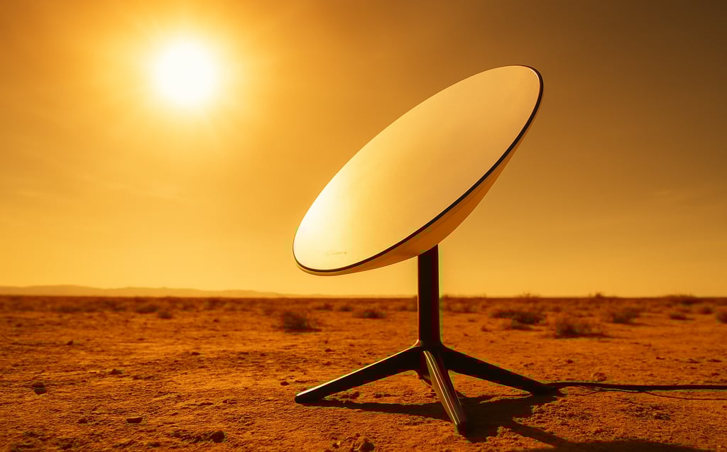 Antena da Starlink instalada em um quintal ensolarado, com a base metálica visivelmente quente sob l