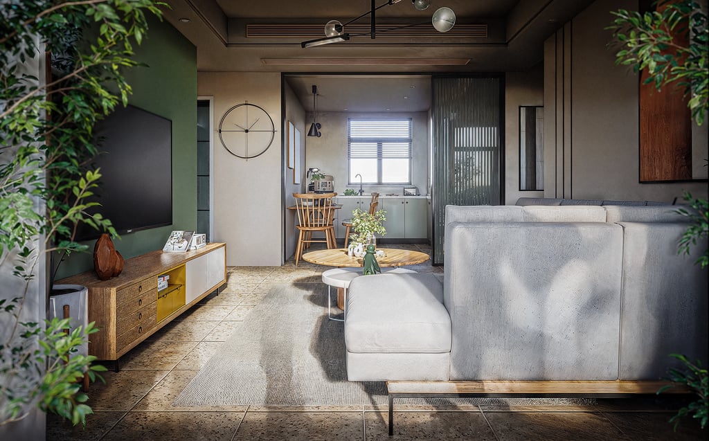 a living room with a couch and a television