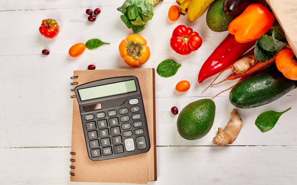 a calculator with a notebook and scattered vegetables