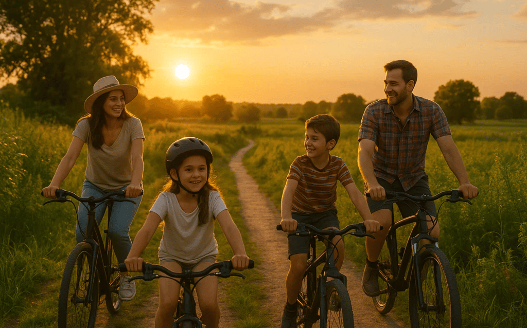 Famille à vélo sous un soleil couchant - Journée mondiale du vélo.