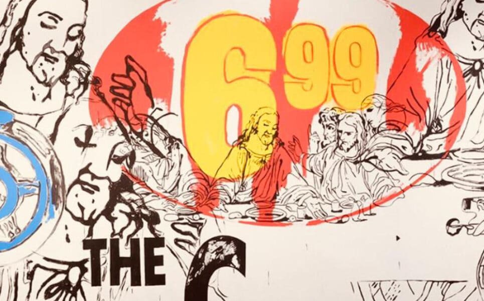 Colagem pop art com números "699", rostos religiosos e elementos gráficos. After the Last Supper (69