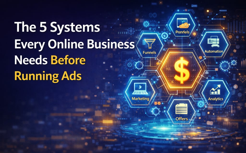 Infographic showing 5 essential online business systems: funnels, automation, analytics, offers, and marketing.